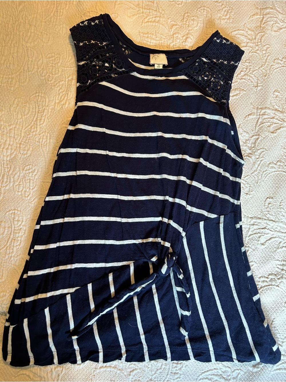 Anthropologie Navy & White Striped Lace-Trim Tee